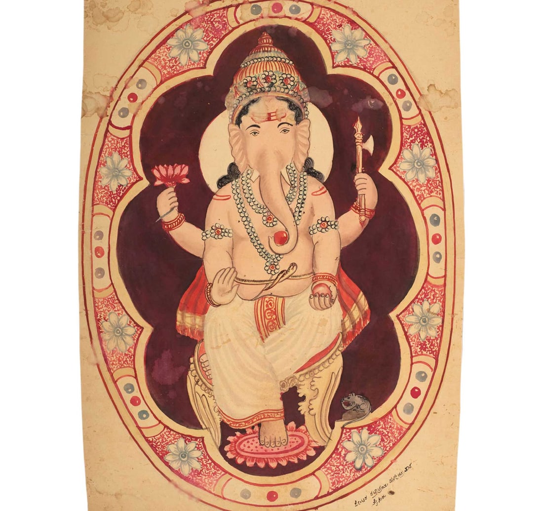 WATERCOLOUR ON PAPER FROM MYSORE: GANESHA BY DATTATREYA: Size: 47.4 x 65.4 cm (18.6 x 25.7 inches) Signed and Inscribed in Kannada (lower right) Translation of the Kannada inscription 'Painter Dattatreya, Halle Agrahara, Mysore' This work depicts Ganesha