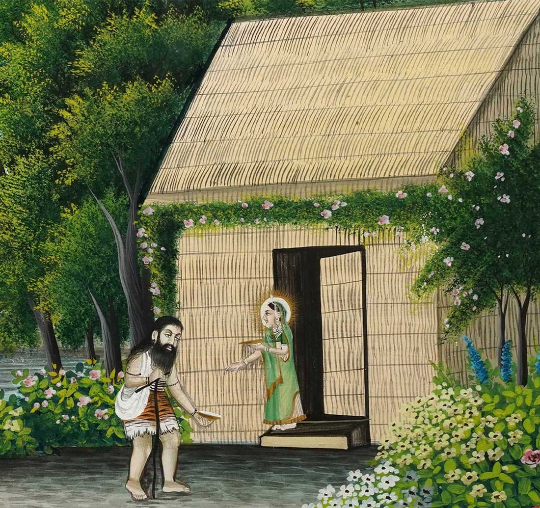 WATERCOLOUR ON BOARD MINIATURE PAINTING : SITA HARAN ATTRIBUTED TO KHUBIRAM: Size: 28.8 x 40.7 cm (11.3 x 16 Inches) Mount/Sheet Size: 48.8 x 62.5 cm (19.2 x 24.6 Inches) Frame Size: 71.7 x 58.3 cm (28.2 x 22.9 Inches) A narrative painting from the Ramayana depicting Ravana