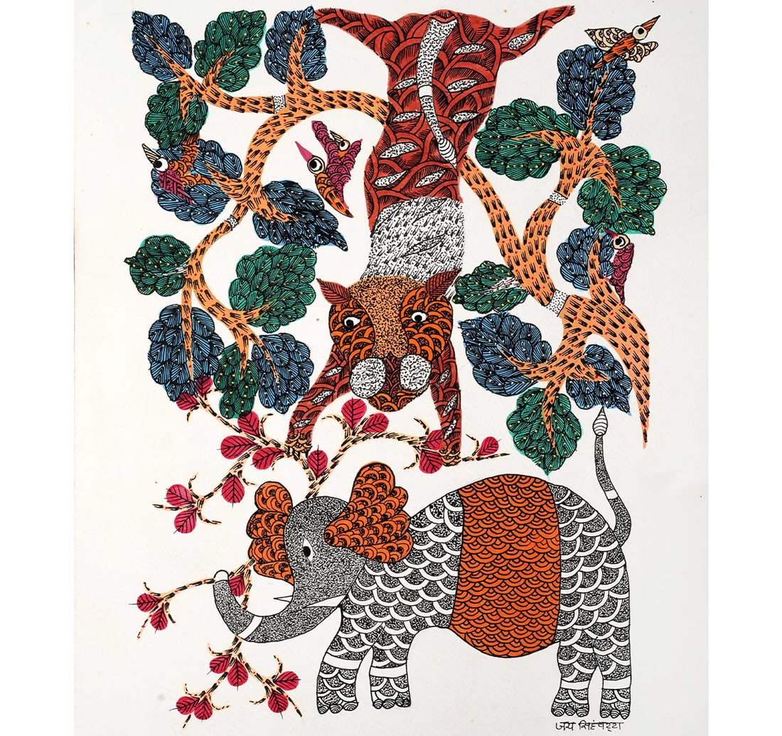 INK AND ACRYLIC ON PAPER GOND PAINTING BY PATTA, JAI SINGH: TRIBAL CULTURE IN PAPER WORK Size: 37.7 x 27.5 cm (14.8 x 10.8 inches) Signed in Devnagari (lower right) This Gond art piece is a vibrant example of traditional tribal painting from the Gond