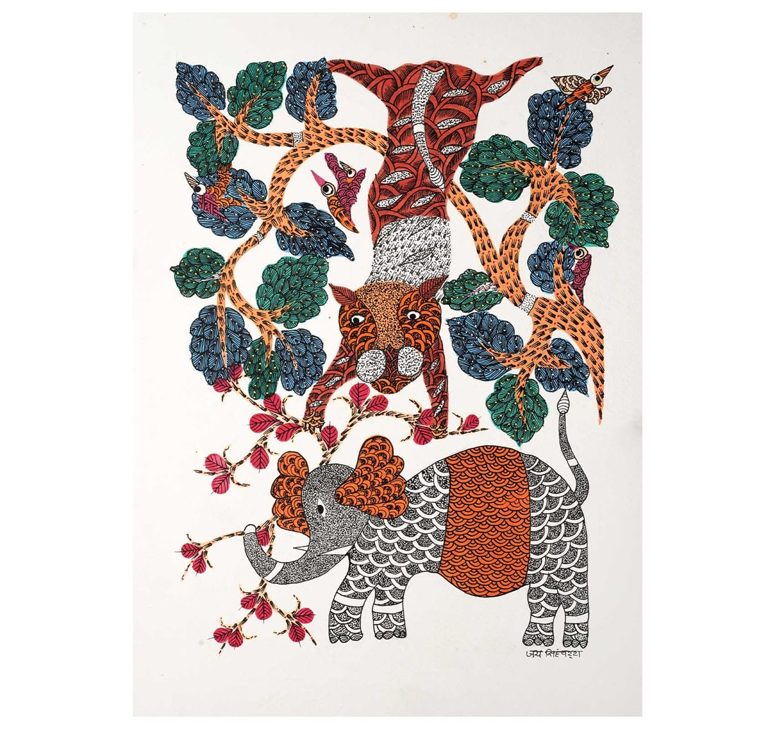 INK AND ACRYLIC ON PAPER GOND PAINTING BY JAI SINGH PATTA - 3