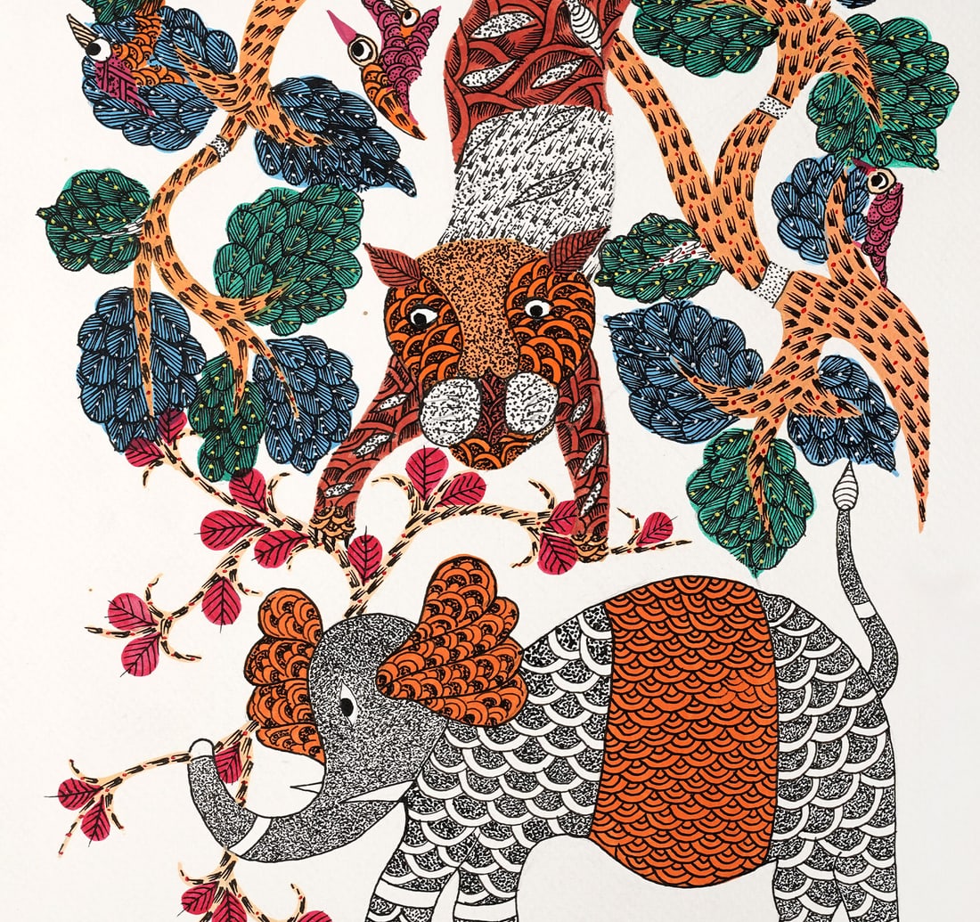 INK AND ACRYLIC ON PAPER GOND PAINTING BY JAI SINGH PATTA - 5
