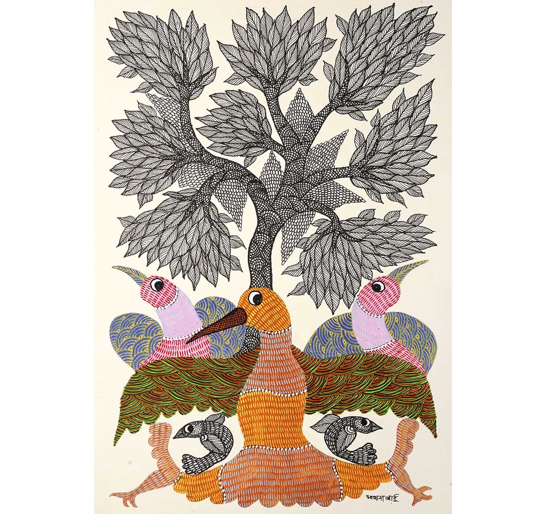 INK AND ACRYLIC ON PAPER GOND PAINTING BY BAI, ASAANA: TRIBAL CULTURE IN PAPER WORK Size: 41.6 x 29 cm (16.3 x 11.4 inches) Signed in Devnagari (lower right) This Gond painting, a traditional tribal art form from Madhya Pradesh, India, showcases a vibrant