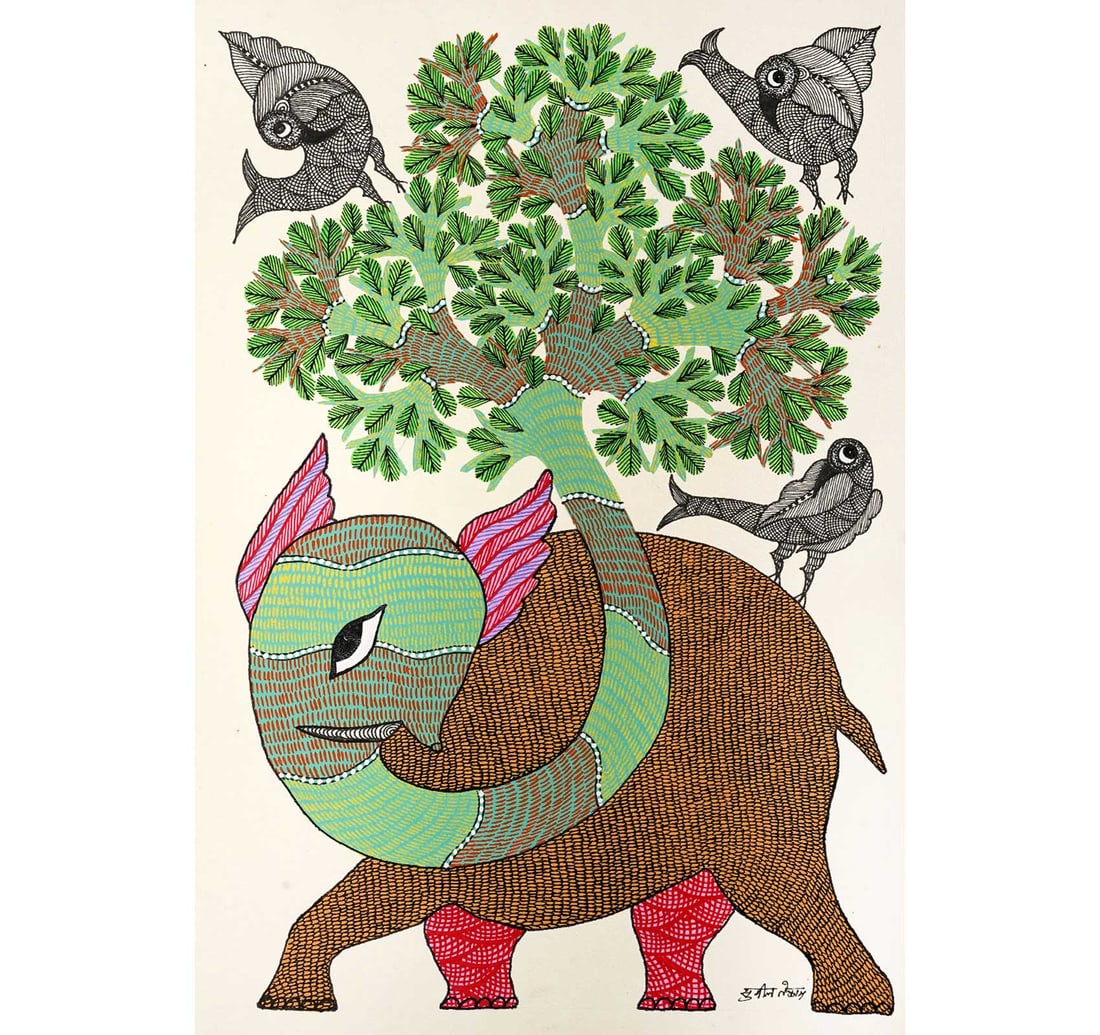 UNTITLED (GOND PAINTING): TRIBAL CULTURE IN PAPER WORK Size: 41.7 x 29.3 cm (16.4 x 11.5 inches) Signed in Devnagari (lower right). This is a vibrant Gond painting from Madhya Pradesh, India, featuring an elephant whose trunk