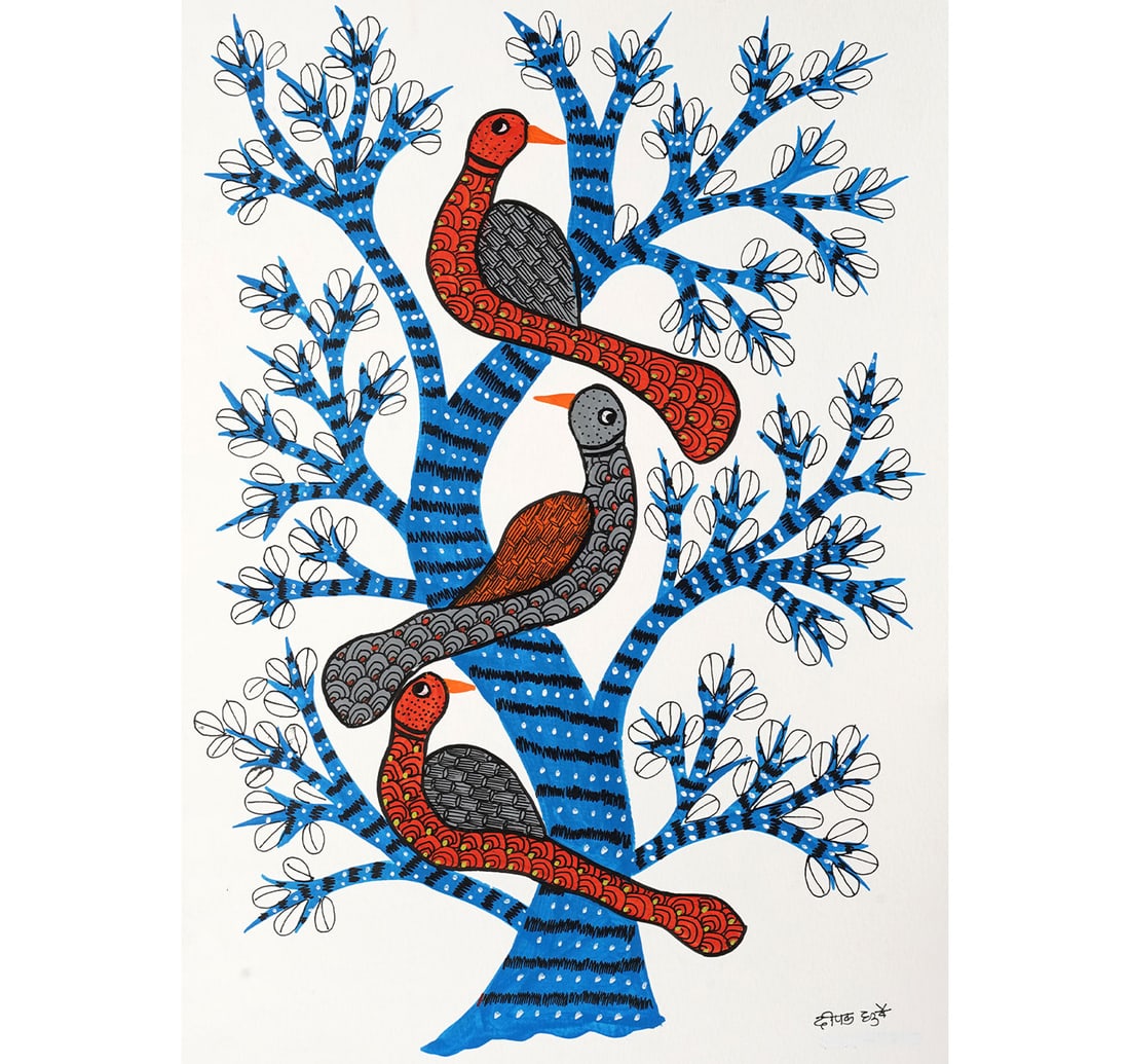 INK AND ACRYLIC ON PAPER GOND PAINTING BY DHRUVE, DEEPAK: TRIBAL CULTURE IN PAPER WORK Size: 41.5 x 29.3 cm (16.3 x 11.5 inches) Signed in Devnagari (lower right). This artwork is a traditional Gond painting, a vibrant folk art form originating from the