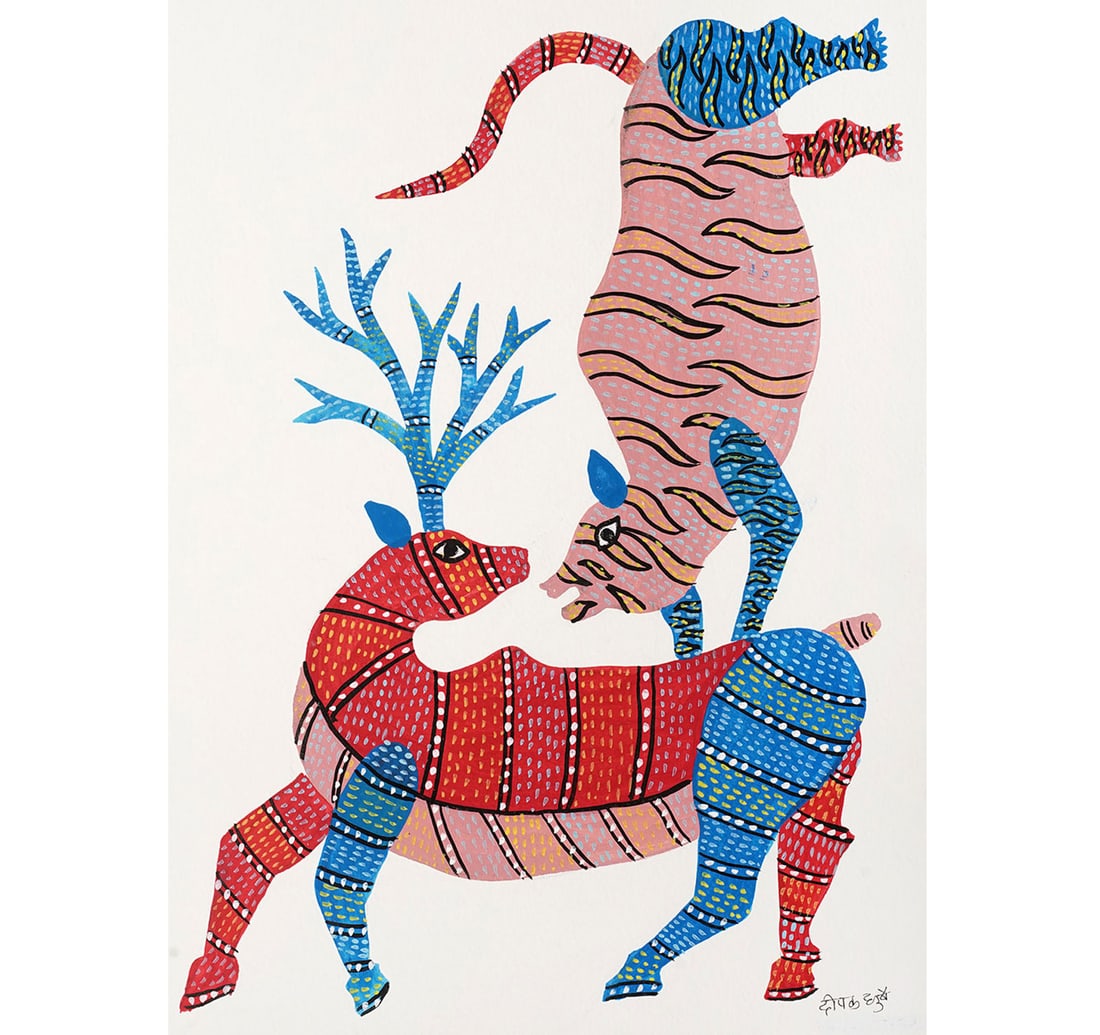 INK AND ACRYLIC ON PAPER GOND PAINTING BY DHRUVE, DEEPAK: TRIBAL CULTURE IN PAPER WORK Size: 41.5 x 29.3 cm (16.3 x 11.5 inches) Signed in Devnagari (lower right). This painting is a classic example of Gond art, a traditional tribal art form from the Gondi p