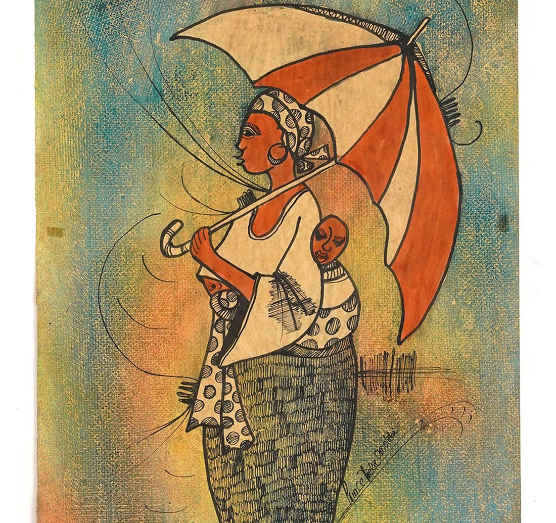 POSTER COLOUR ON PAPER BY OWOLABI, YINKA: MOTHER AND CHILD: AFRICAN CONTEMPORARY ART Size: 38 x 50.3 cm (14.9 x 19.8 Inches) Mount/Sheet Size: 46.7 x 57.7 cm (18.3 x 22.7 Inches) Signed 'Prince Yinka Owolabi' (lower right) The composition features a mother