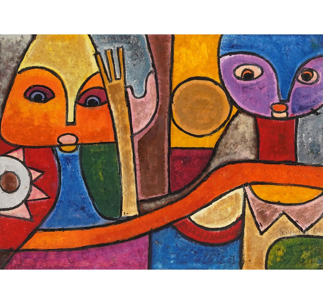 POSTER COLOUR ON PAPER BY NIGERIAN CONTEMPORARY ARTIST, OSOGBO SCHOOL.: AFRICAN CONTEMPORARY ART Size: 33 x 45.6 cm (12.9 x 17.9 Inches) Mount/Sheet Size: 46 x 55 cm (18 x 21 Inches) Signed and dated indistinctly (lower right) This composition exemplifies a mythological