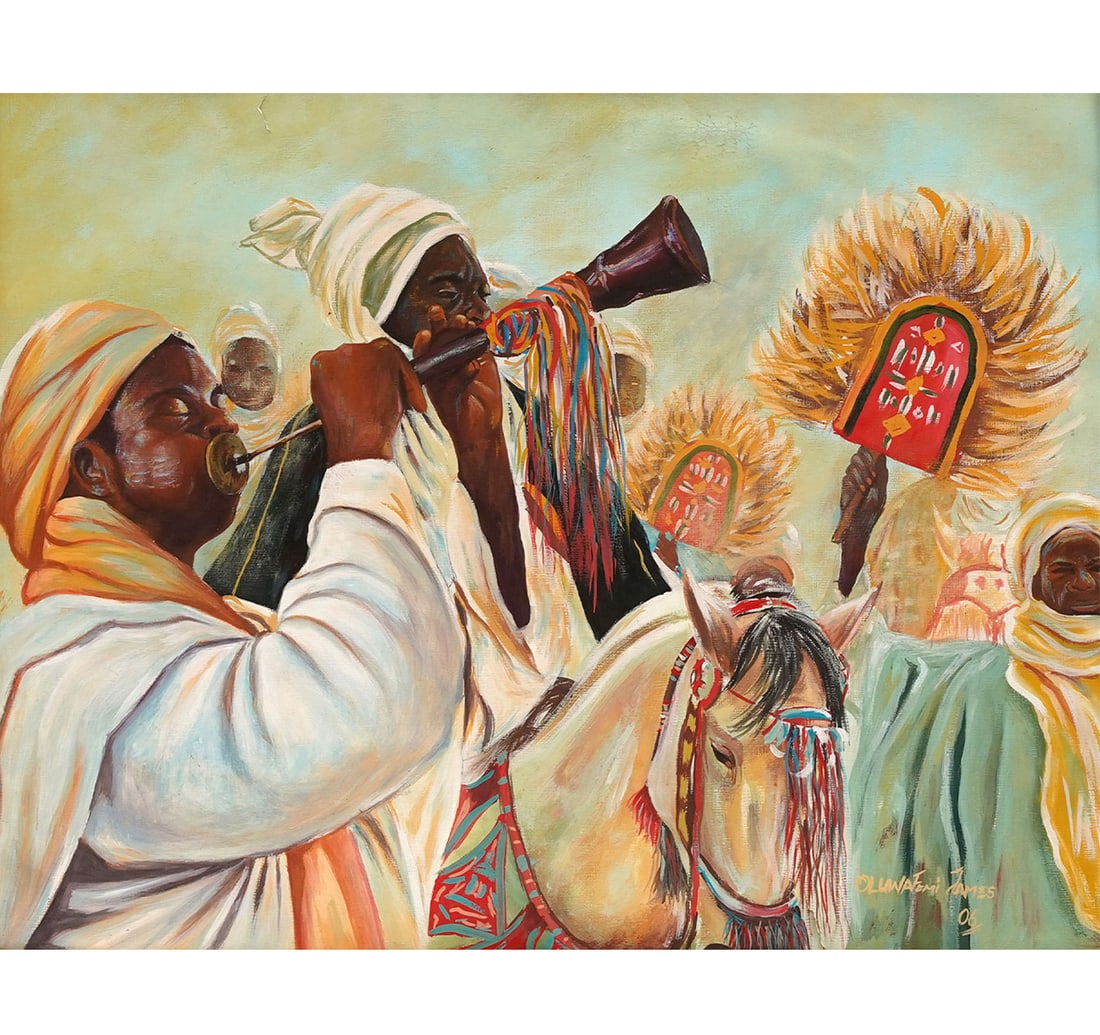 POSTER COLOUR ON PAPER BY MICHAEL, OLUWAFEMI JAMES: AFRICAN CONTEMPORARY ART Year: 2006 Size: 38.7 x 49 cm (15.2 x 19.2 Inches) Signed and dated by the artist lower right This vibrant painting depicts a ceremonial entourage, utilizing a compressed