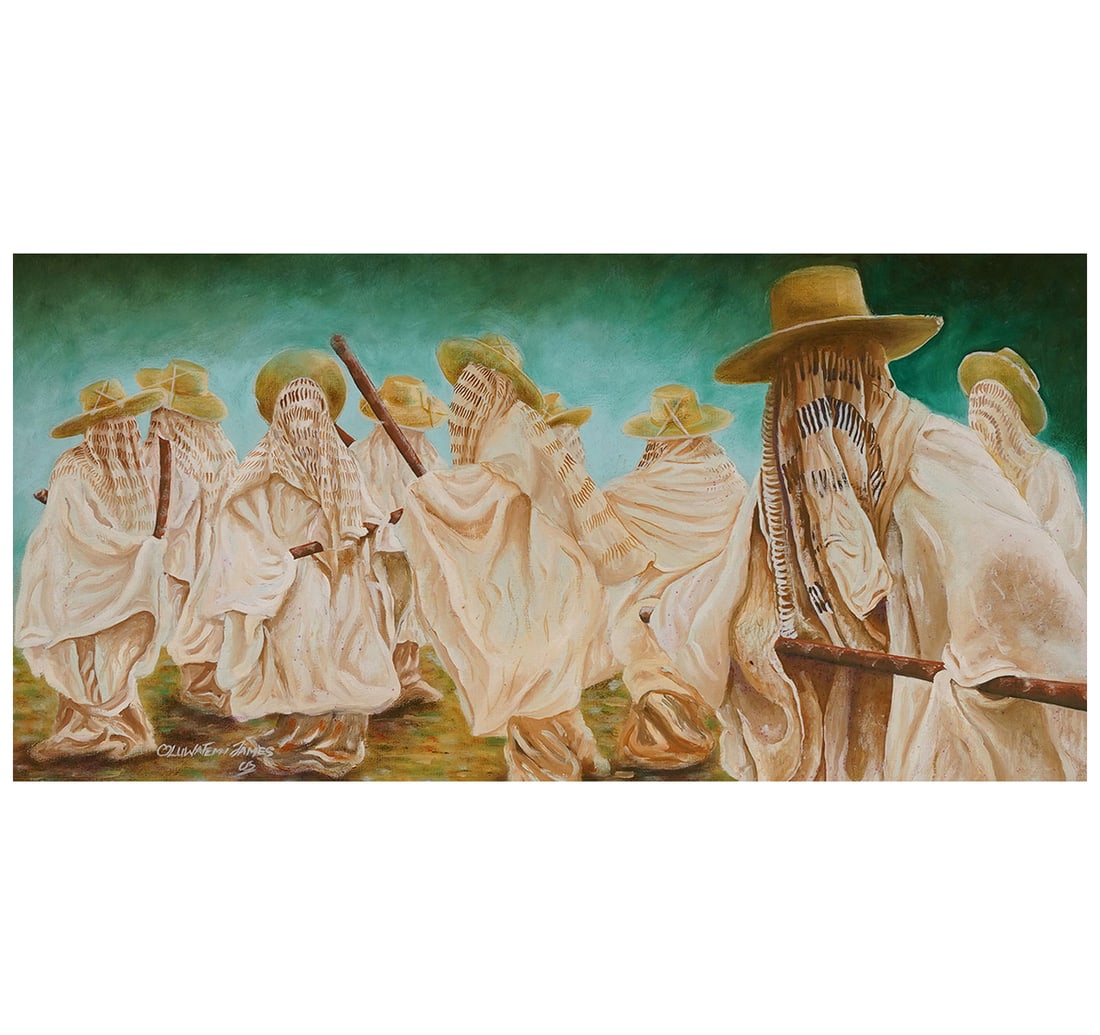 POSTER COLOUR ON PAPER BY MICHAEL, OLUWAFEMI JAMES: AFRICAN CONTEMPORARY ART Year: 2005 Size: 26.6 x 56 cm (10.4 x 22 Inches) Mount/Sheet Size: 26.6 x 56 cm (10.4 x 22 Inches) Signed and dated by the artist lower left This painting depicts a procession