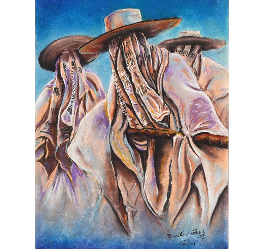 POSTER COLOUR ON PAPER BY MICHAEL, OLUWAFEMI JAMES: AFRICAN CONTEMPORARY ART Year: 2005 Size: 46.2 x 59 cm (18 x 23.2 Inches) Signed and dated by the artist lower right This work drawing depicts Eyo masquerades, rendered with an expressionistic