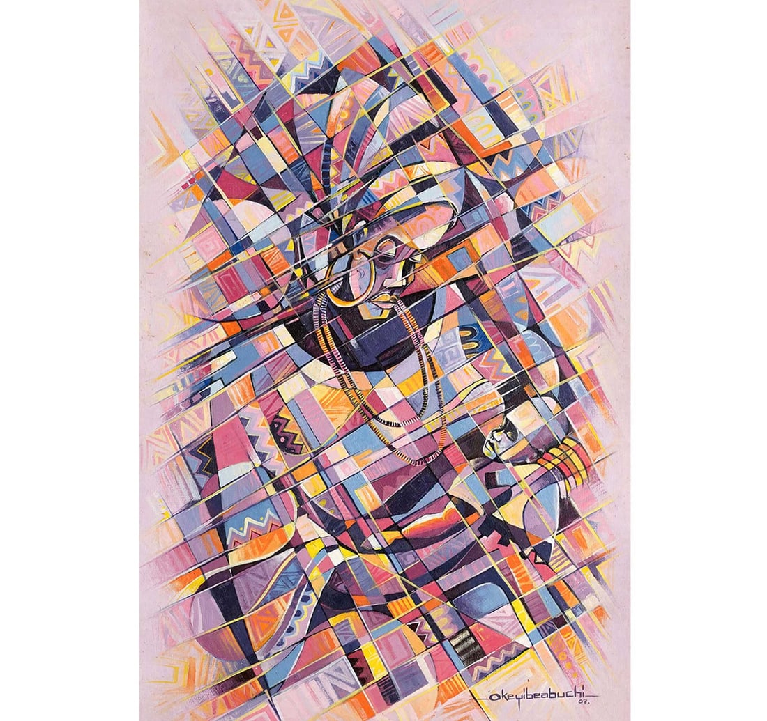 JOY OF MOTHERHOOD: ACRYLIC ON CANVAS BY IBEABUCHI, OKEY: AFRICAN CONTEMPORARY ART Year: 2005 Size: 82 x 133.5 cm (32.4 x 52.8 Inches) Signed and dated 'Okeyibeabuchi, 07' (lower right); titled inscribed (on the reverse) The work synthesizes figuration and a