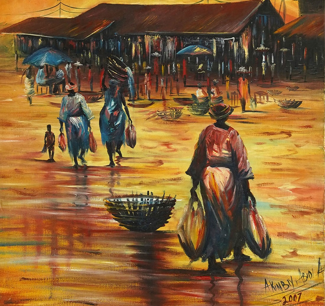 MARKET SCENE: PASTEL & POSTER COLOUR ON PAPER BY ABIOLA, AKINBIYI: AFRICAN CONTEMPORARY ART Year: 2007 Size: 67.5 x 93.8 cm (26.8 x 37 Inches) Signed and dated 'Akinbiyi Abiola 2007' ( lower right) This vibrant acrylic work captures a bustling contemporary African