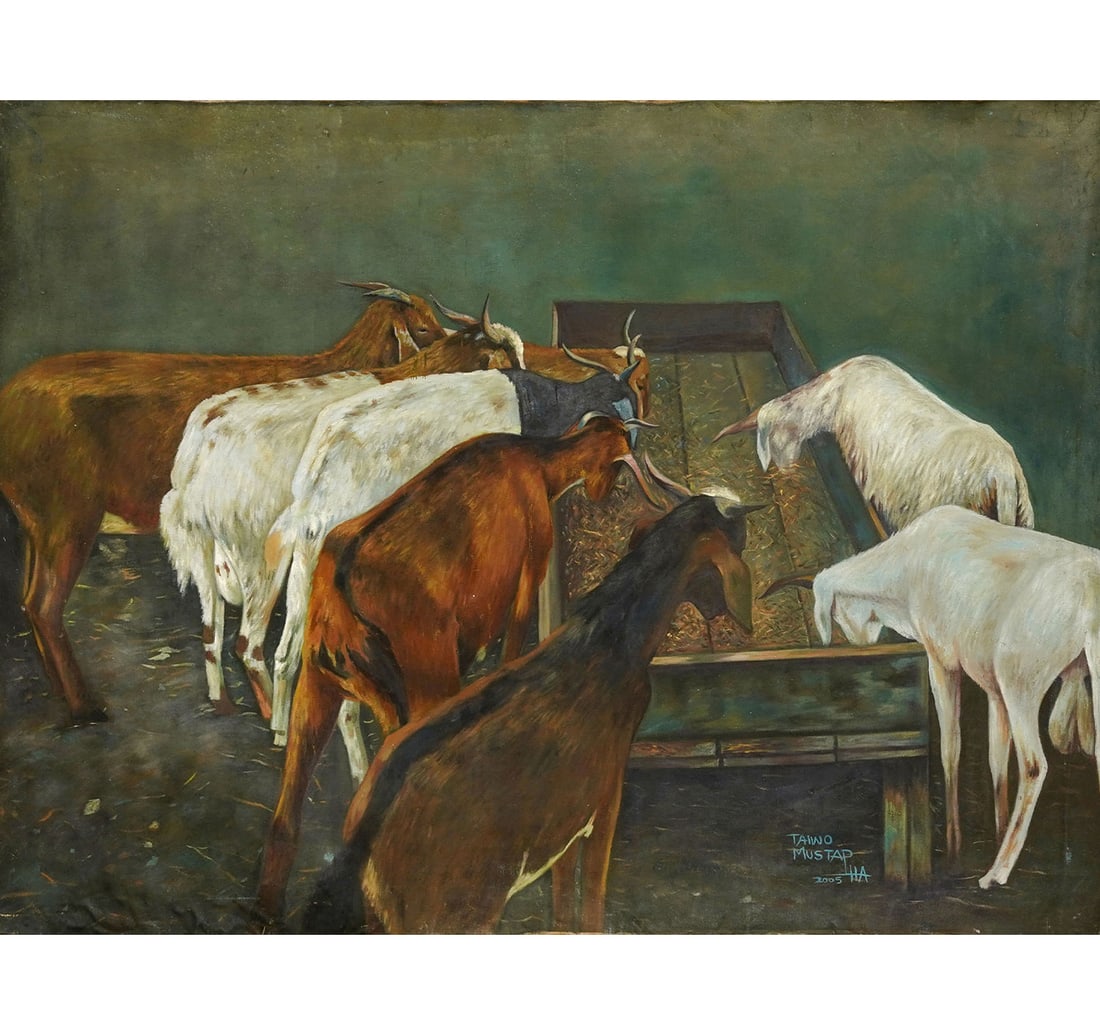 UNTITLED PASTEL & POSTER COLOUR ON PAPER BY MUSTAPHA, TAIWO: AFRICAN CONTEMPORARY ART Year: 2007 Size: 88 x 113.5 cm (34.6 x 44.6 Inches) Signed and dated 'Taiwo Mustapha/ 05' (lower right) This pastoral tableau by employs a restrained naturalism to depict a