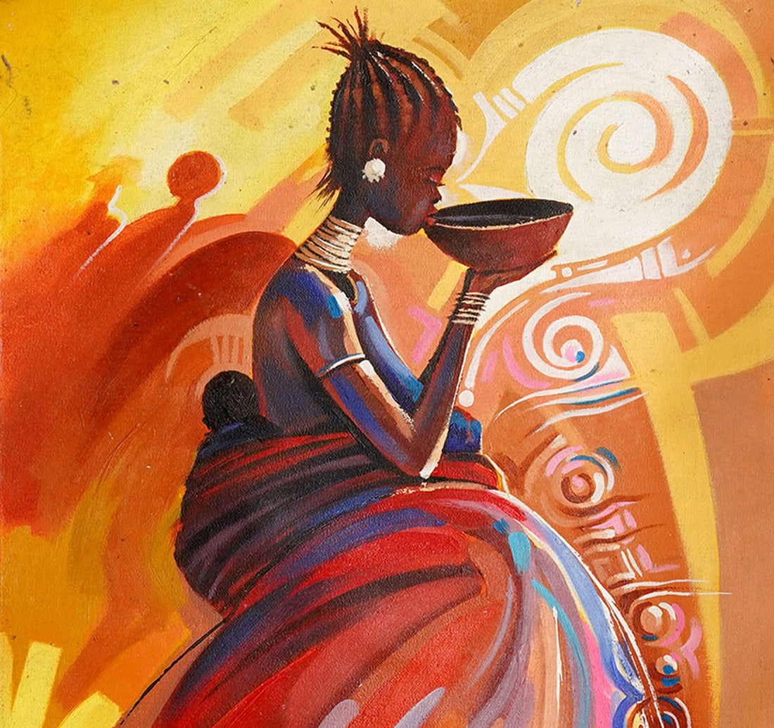 UNTITLED (MOTHER'S THIRST): ACRYLIC ON CANVAS: AFRICAN CONTEMPORARY ART Size: 72.4 x 99.8 cm (28.8 x 39.6 Inches) Signed indistinctly (lower right) This vibrant canvas painting captures a powerful and intimate moment, portraying an African tribal