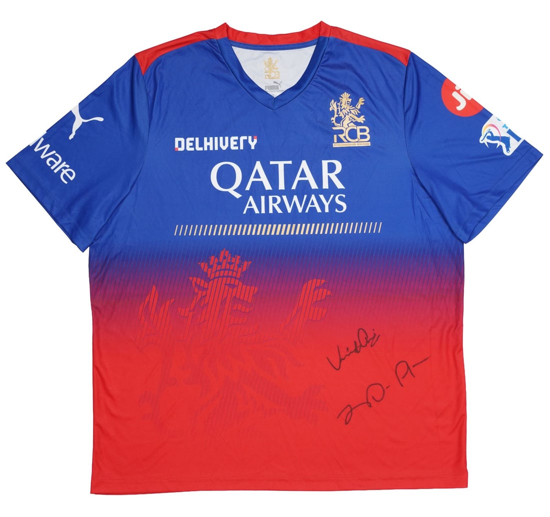 RCB 2024 PUMA FAN EDITION JERSEY WITH TAG SIGNED BY VIRAT KOHLI AND FAB DU PLESSIS - 3