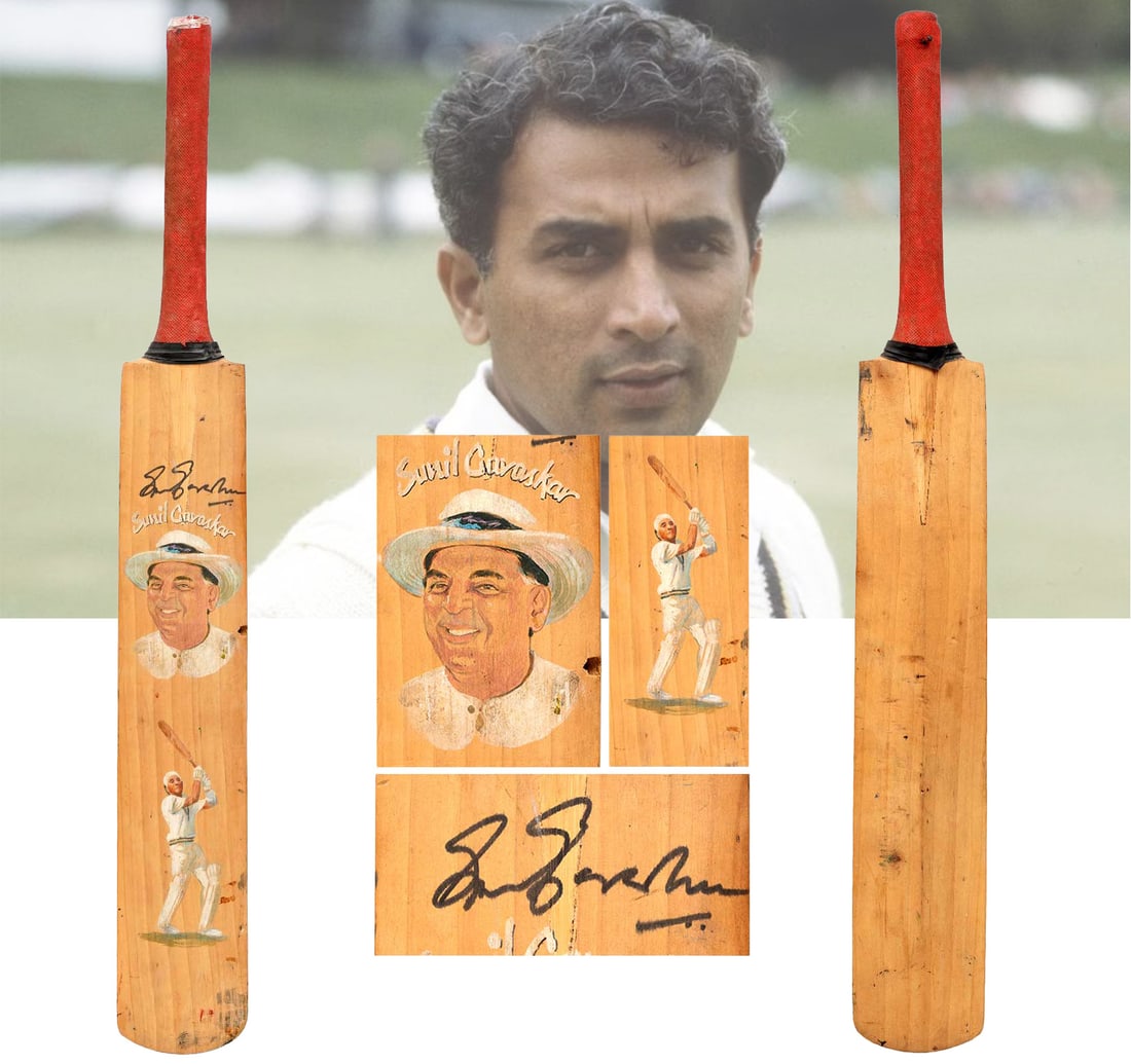SUNIL GAVASKAR'S AUTOGRAPHED HAND-PAINTED COMMEMORATIVE BAT: Size: 9.5 x 77.5 cm (3.7 x 30.5 Inches) Features a hand-signed autograph by Gavaskar at the top An exceptional piece of cricket history, its full-sized cricket bat celebrates one of India's most