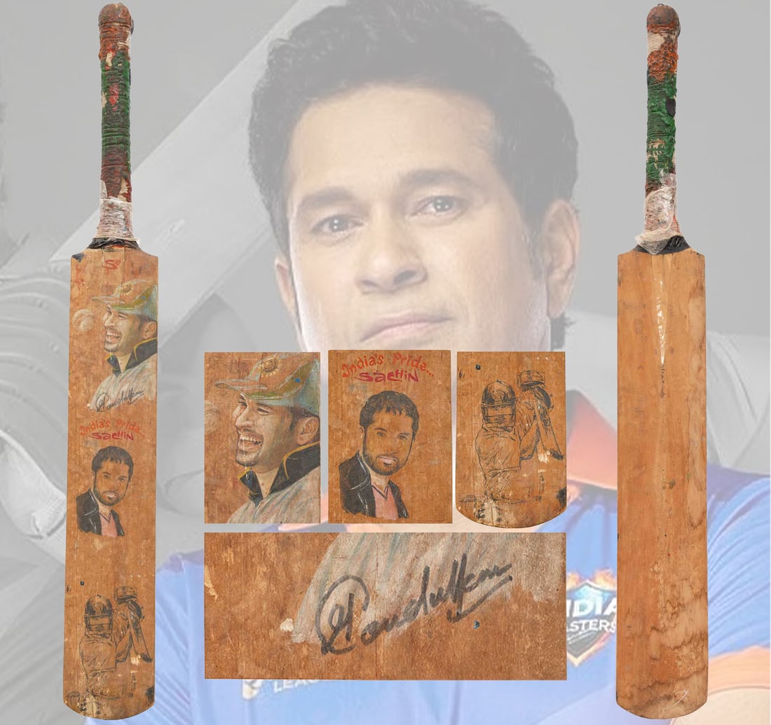 SACHIN TENDULKAR'S AUTOGRAPHED HAND-PAINTED COMMEMORATIVE BAT: Size: 10.5 x 84 cm (4 x 33 Inches) Features a hand-signed autograph by Sachin just below his first portrait with smile This full-sized cricket bat is a spectacular piece of cricket memorabilia,