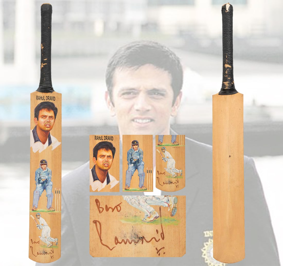 RAHUL DRAVID'S AUTOGRAPHED HAND-PAINTED COMMEMORATIVE BAT: Size: 10.4 x 85 cm (4 x 33.4 Inches) Features a hand-signed autograph by Dravid at the Bottom. This unique piece of sports memorabilia is a Rahul Dravid Hand-Signed and Artistically Painted Cricket