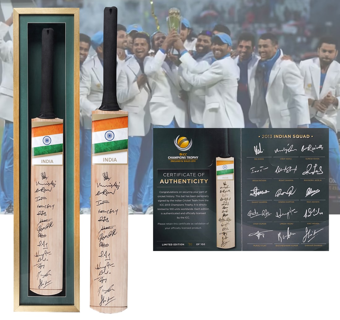 LIMITED EDITION FULL-SIZE SIGNED CRICKET BAT BY THE 2013 ICC CHAMPIONS TROPHY WINNING INDIA TEAM,: Size: 21.5 x 98 cm (8.4 x 38.5 Inches) 70 th from a limited edition of 100 A scarce and highly coveted limited edition full-size cricket bat autographed by the legendary 2013 ICC Champions