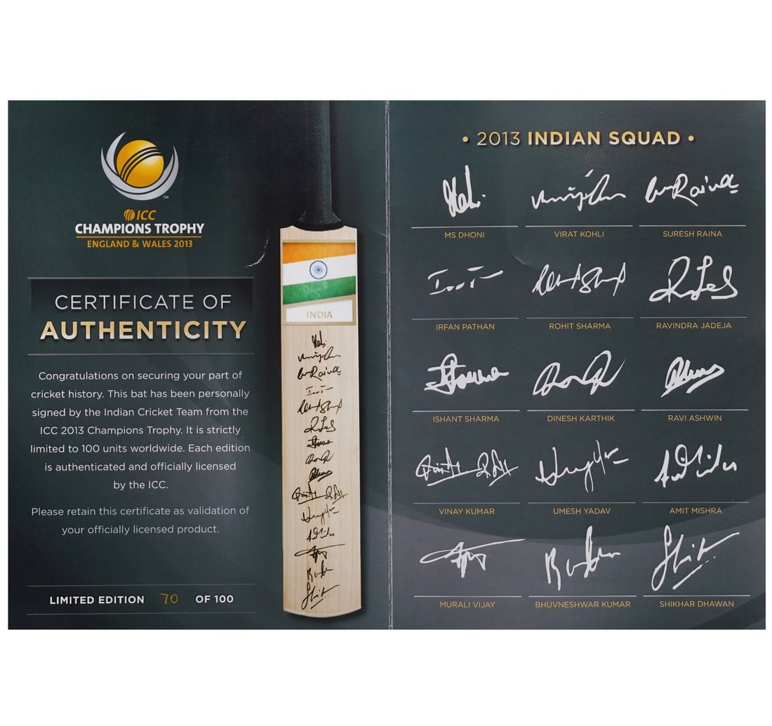 LIMITED EDITION FULL-SIZE SIGNED CRICKET BAT BY THE 2013 ICC CHAMPIONS TROPHY WINNING INDIA TEAM, - 5