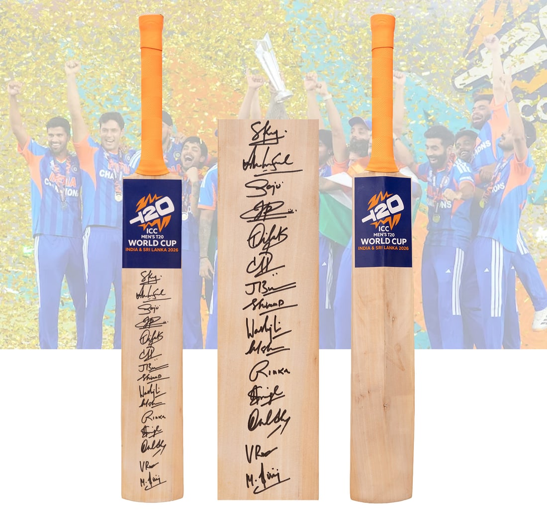 FULL-SIZE SIGNED CRICKET BAT BY THE WINNING INDIA TEAM OF ICC MEN'S T20 WORLD CUP (1 of 4)