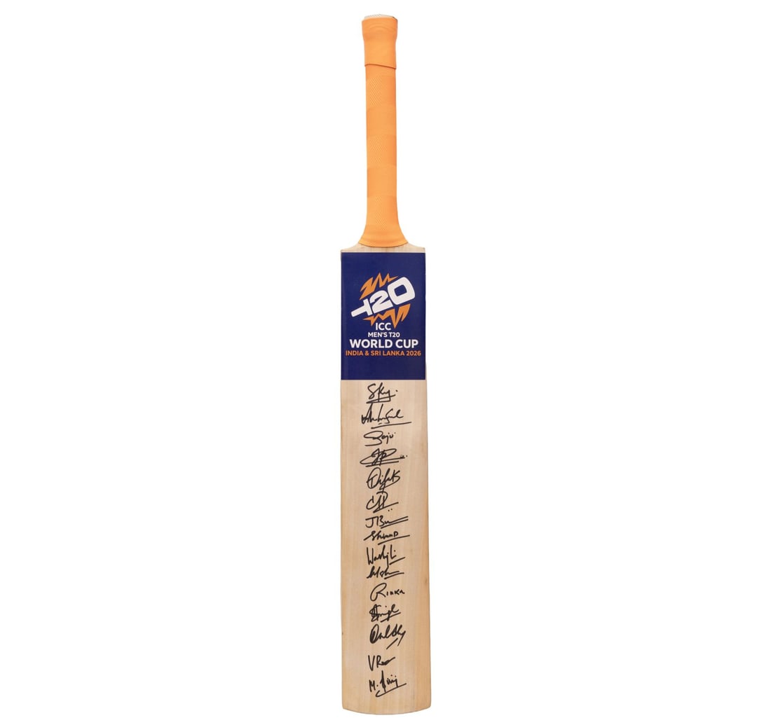 FULL-SIZE SIGNED CRICKET BAT BY THE WINNING INDIA TEAM OF ICC MEN'S T20 WORLD CUP - 2