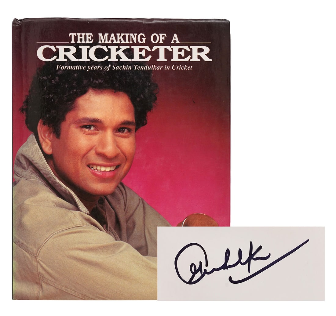 THE MAKING OF A CRICKETER SIGNED BY SACHIN TENDULKAR: Size: 22.2 x 28.7 cm (8.7 x 11.2 Inches) No. of Printed Pages: 111 Pages Black marker signature of Sachin Tendulkar on blank page before the title page. Foreword written by Sunil Gavaskar followed by