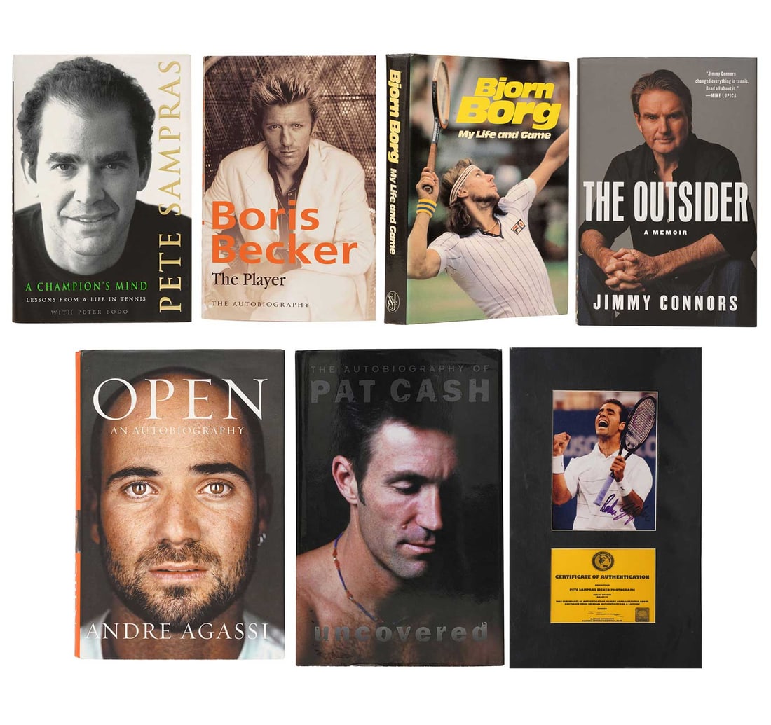 SIX SIGNED BOOKS OF WORLD FAMOUS TENIS PLAYERS AND A SIGNED PHOTOGRAPH OF PETE SAMPRAS (1 of 17)