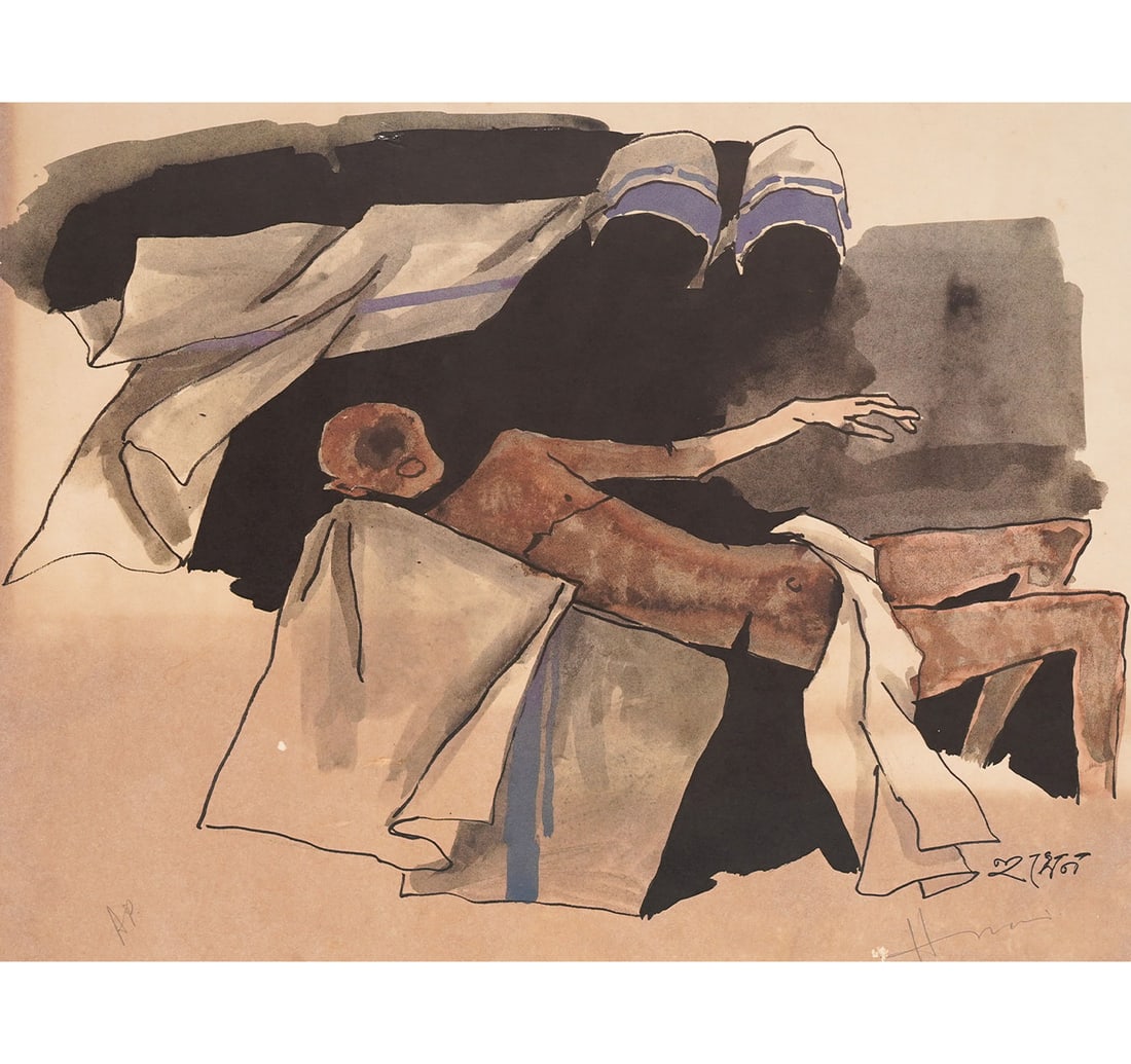 SIGNED ARTIST'S PROOF:OFFSET LITHOGRAPH: MOTHER AND CHILD: A TRIBUTE TO MOTHER TERESA Size: 54.3 x 36.4 cm (21.3 x 14.3 inches) Mount/Sheet Size: 55.5 x 43 cm (21.8 x 16.9 inches) Signed and inscribed by the artist Signed 'Husain' (lower