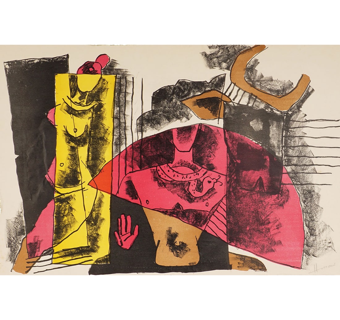 SIGNED SERIGRAPH, 48TH FROM A LIMITED EDITION OF 50 BY HUSAIN, M. F.: Size: 60.9 x 91.4 cm (24 x 36 inches) Signed 'Husain' (lower right), titled 'Shiva Parvati' (lower centre) and inscribed '48/ 50' (lower left) Forty- Eighth Edition from a limited edition of Fifty.
