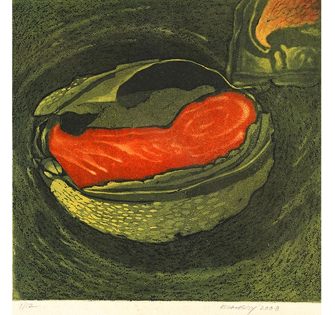 SIGNED ETCHING, 1ST FROM A LIMITED EDITION 0F 12 BY RAJ, K. GANGI: Size: 26.2 x 27.3 cm (10.3 x 10.7 Inches) Mount/Sheet Size: 34.8 x 37.4 cm (13.7 x 14.7 Inches) Frame Size: 37 x 39.9 cm (14.5 x 15.7 Inches) Signed and dated KGANGIRAJ. 2000 (lower right) and inscrib