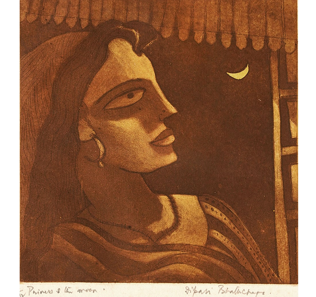 SIGNED ETCHING, 1ST FROM A LIMITED EDITION 0F 12 BY BHATHCHARYA, DIPALI: PRINCESS AND THE MOON Size: 26.2 x 27.3 cm (10.3 x 10.7 Inches) Mount/Sheet Size: 34.5 x 37.5 cm (13.5 x 14.7 Inches) Frame Size: 37.2 x 40 cm (14.6 x 15.7 Inches) Signed Dipali Bhattacharya (lower