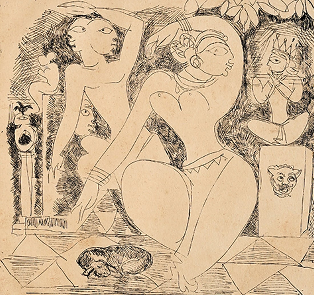 SIGNED ETCHING, RARE ARTIST'S PROOF BY DAS, BIMAN: COMPOSITION - I Size: 25.8 x 27 cm (10.1 x 10.6 Inches) Mount/Sheet Size: 34.6 x 37.2 cm (13.6 x 14.6 Inches) Frame Size: 37.2 x 40 cm (14.6 x 15.7 Inches) Signed Biman Das (lower right) titled