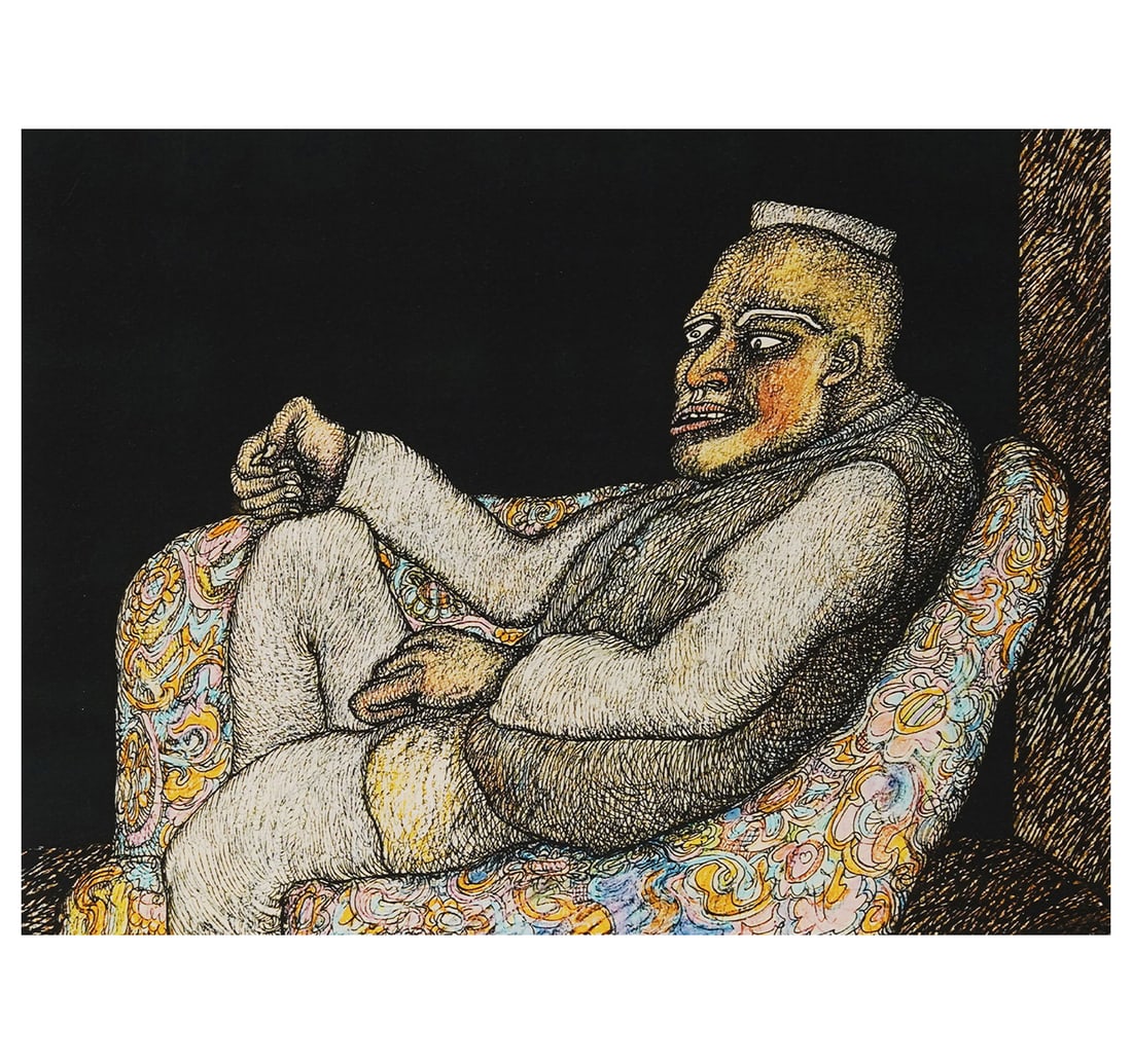 SIGNED GICLEE PRINT, 2OTH FROM A LIMITED EDITION OF 30 BY CHOWDHERY, JOGEN: LEADER ON RAINBOW SOFA Size: 32 x 23.3 cm (12.5 x 9.1 Inches) Mount/Sheet Size: 36.5 x 27.8 cm (14.3 x 10.9 Inches) Signed and dated 'Jogen 2023',titled 'Leader on Rainbow Sofa' (lower centre)