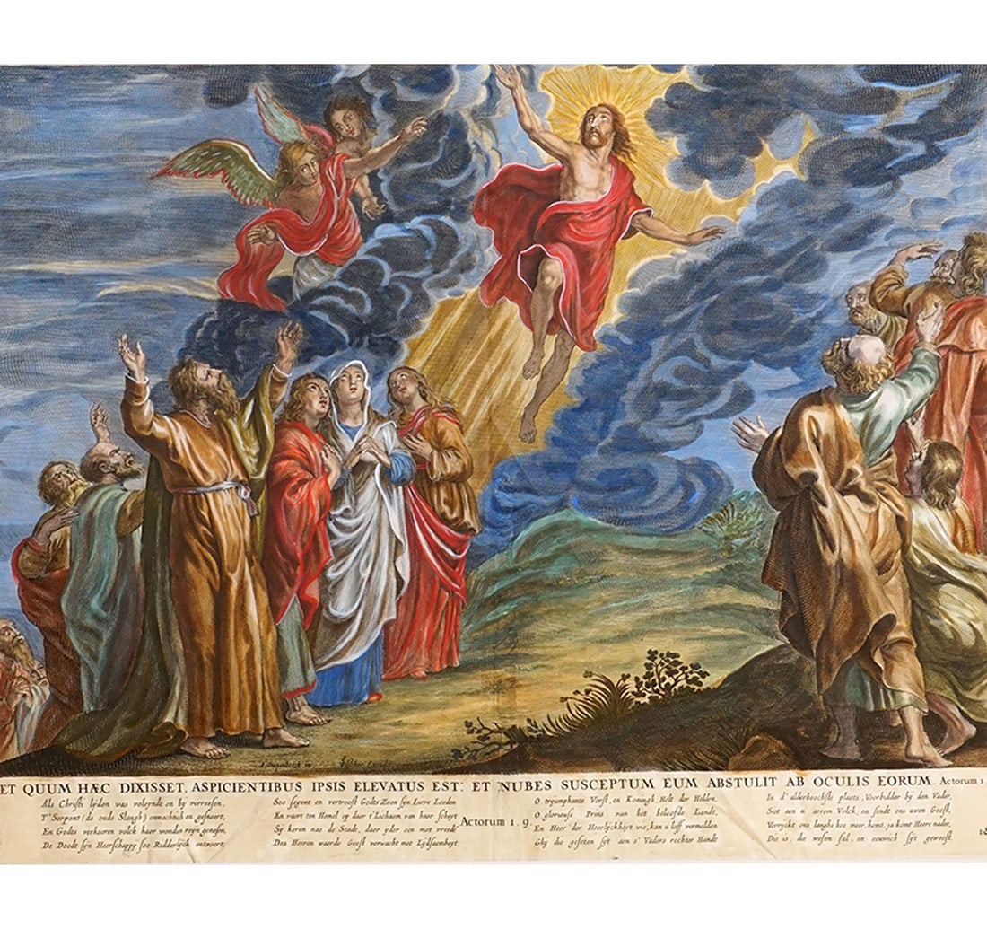 ET QUUM HAEC DIXISSET, ASPICIENTIBUS IPSIS, ELEVATUS EST, ET NUBES SUSCEPTUM EUM ABSTULIT AB OCULIS: RARE LATIN COLOURED ENGRAVING Size: 40.3 x 50.5 cm (16 x 20 Inches) Mount/Sheet Size: 55.5 x 56 cm (21.5 x 22 Inches) This coloured devotional print depicting the Ascension of Christ in a dynamic