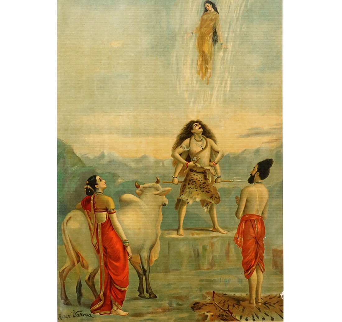 RAJA RAVI VARMA OLEOGRAPH: GANGAVATRAN: Size: 34 x 50 cm (14 x 20 Inches) Mount/Sheet Size: 49.5 x 63.3 cm (19.4 x 24.9 Inches) Published by: Anant Sivaji Desai Press - Raja Ravi Varma Press Karla Lonavala Registered no. 47 This stunning