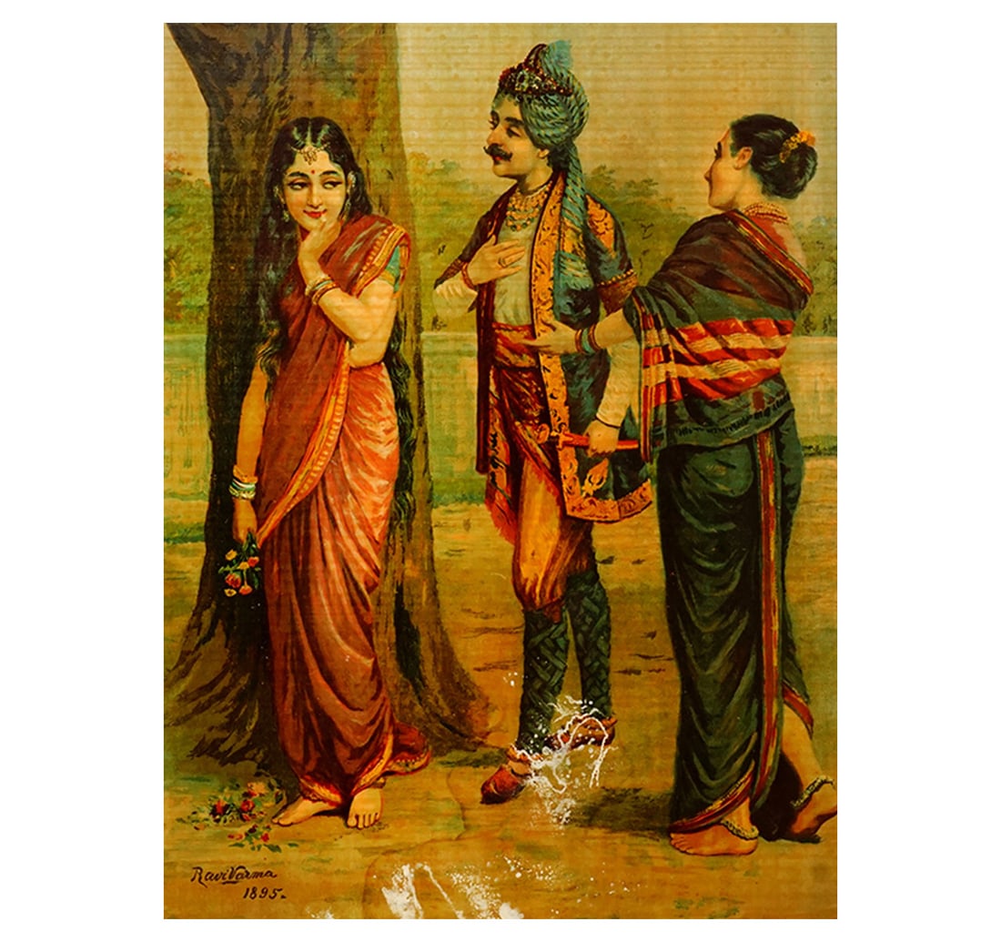 RAJA RAVI VARMA OLEOGRAPH: MADALASA RUTUDHVAJ: Size: 34 x 49.7 cm (13.5 x 19.5 Inches) Mount/Sheet Size: 49.5 x 65.3 cm (19.4 x 25.7 Inches) Published by: Anant Sivaji Desai Registered no. 10 Raja Ravi Varma Press Karla Lonavala This print from