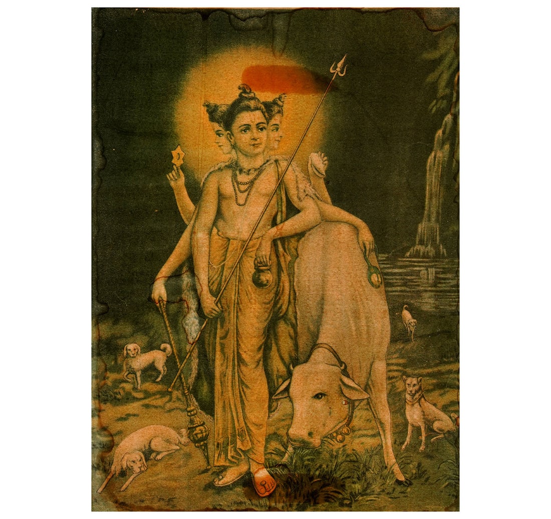 RAJA RAVI VARMA OLEOGRAPH: SHREE DATT: Size: 34 x 45.5 cm (13.5 x 18 Inches) Mount/Sheet Size: 34.7 x 49.7 cm (13.6 x 19.5 Inches) Published by: Ravi Varma Press, Malvali C.R, Poona Registered No. 188. A rare devotional representation of