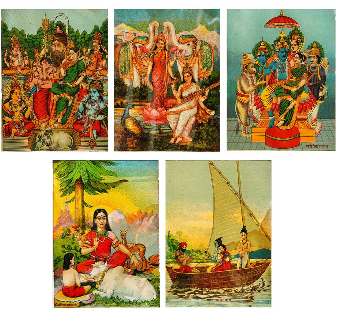 RAJA RAVI VARMA OLEOGRAPH: SET OF FIVE PRINTS: Size: (I) 11.7 x 17 cm (4.5 x 6.5 Inches), (II) 16.8 x 21.1 cm (6.5 x 8.5 Inches), (III) 11.8 x 16.8 cm (4.5 x 6.5 Inches), (IV) 11.8 x 17.2 cm (4.5 x 6.5 Inches), (V) 12 x 17 cm (5 x 6.5 Inches)