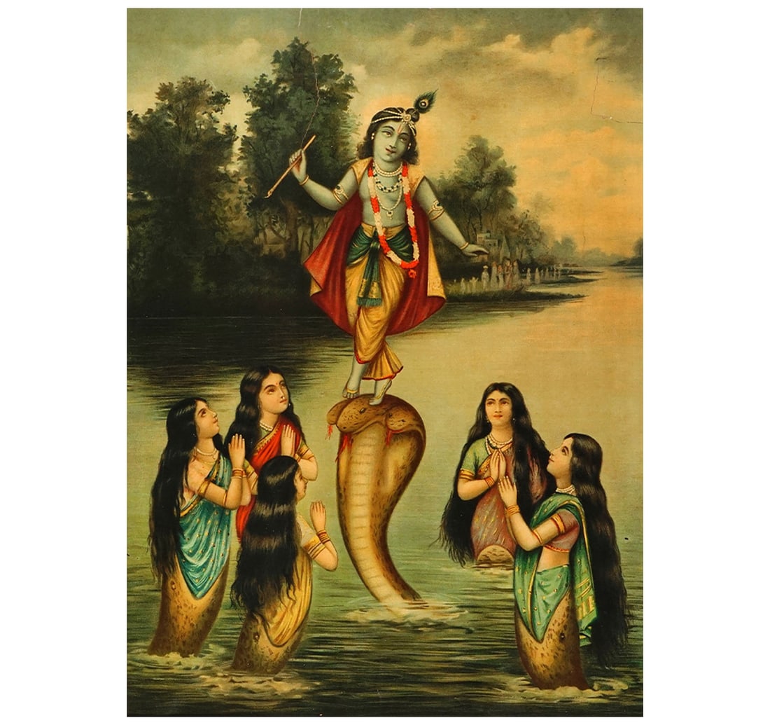 OLEOGRAPH ON PAPER: KALIYA DAMAN: Size: 36.9 x 50.2 cm (14.5 x 20 Inches) Mount/Sheet Size: 50 x 68.3 cm (19.6 x 26.8 Inches) Published by Roy. Banerjee & Co.Chittopur Calcutta Printed in Germany The print depicts Krishna dances on