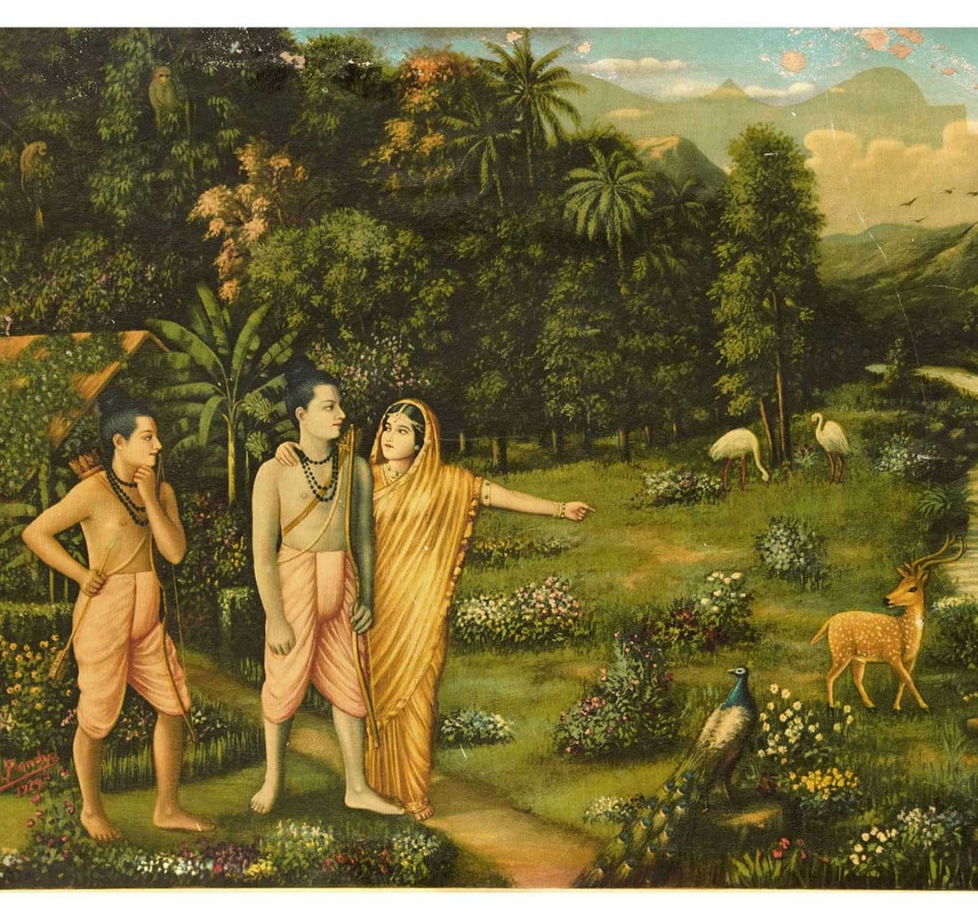 OLEOGRAPH ON PAPER BY PANDYA, VASUDEO HIRALAL: SHREE RAM - VANVAS: Size: 34.5 x 49.2 cm (13.5 x 19.5 Inches) Mount/Sheet Size: 38 x 50.8 cm (14.9 x 20 Inches) Published by: Shree Vasudeo Picture Co., Bombay Printed in Germany It depicts a pivotal scene from the