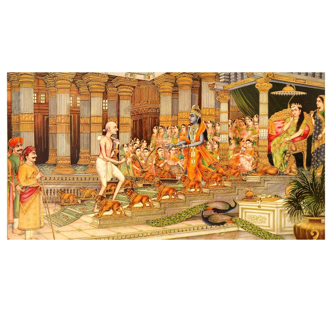 OLEOGRAPH ON PAPER BY LAL, HIRA: KRISHNA SUDAMA: Size: 31.7 x 47.8 cm (13 x 19 Inches) Mount/Sheet Size: 34.8 x 50 cm (14 x 19.5 Inches) Published by: S. S. BRIJBASI & SONS. The profound and emotional reunion between Lord Krishna and his