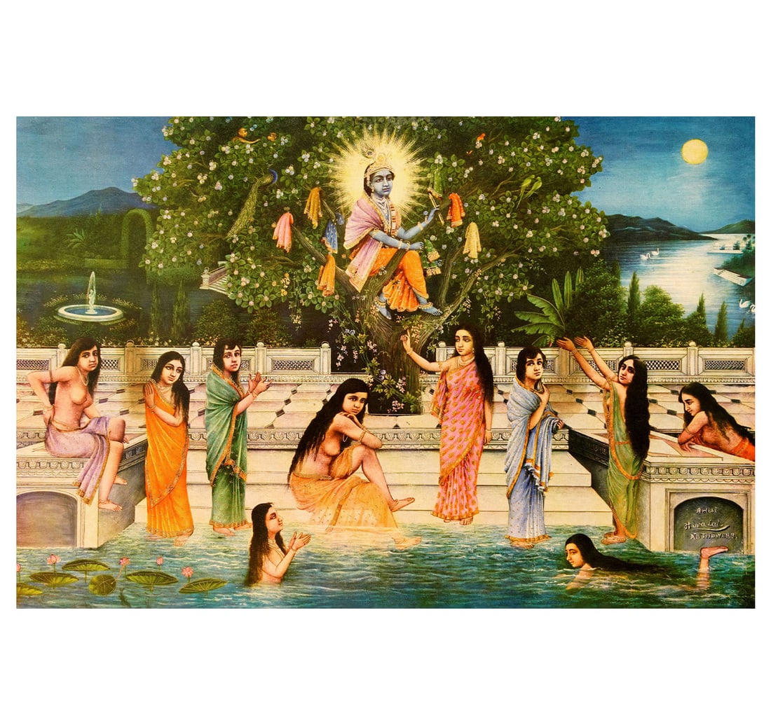 OLEOGRAPH ON PAPER BY LAL, HIRA: CHIR HARAN: Size: 32.5 x 46.7 cm (13 x 18.5 Inches) Mount/Sheet Size: 35 x 50.4 cm (13.7 x 19.8 Inches) Published by: S. S. BRIJBASI & SONS. Early 20th century Colour lithograph on paper. Narrative depiction of K