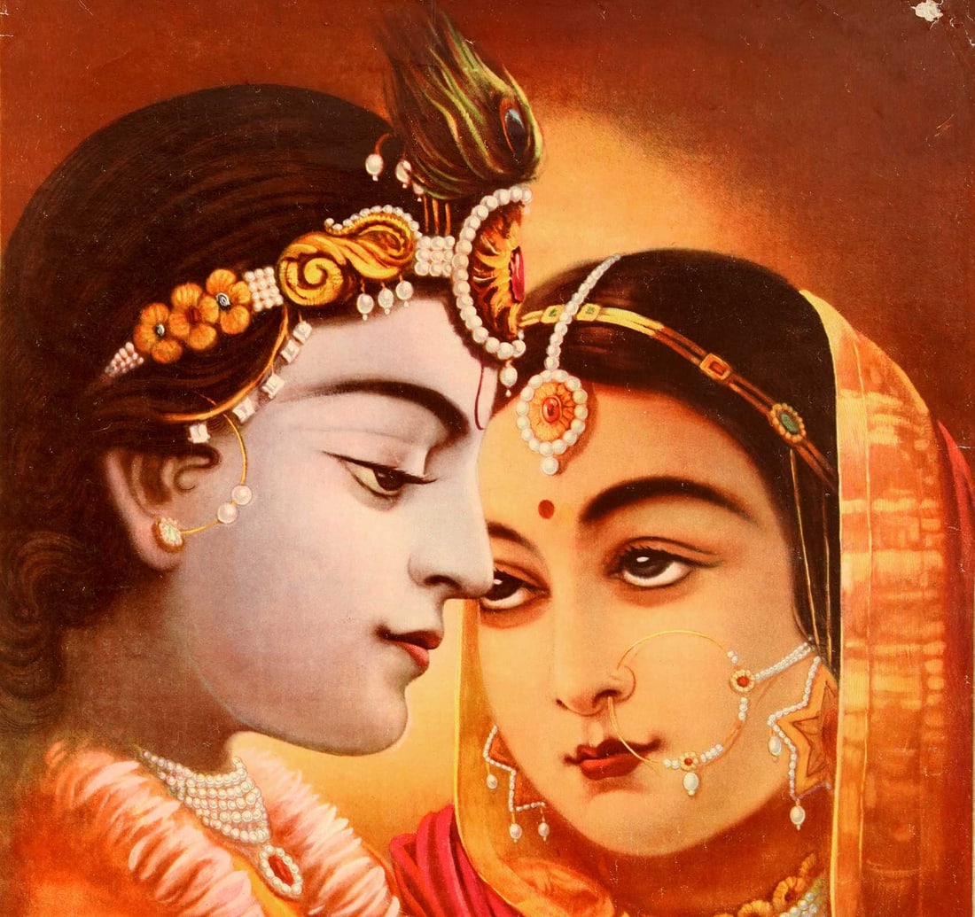OLEOGRAPH ON PAPER: RADHA - SHYAM: Size: 35.6 x 50 cm (14 x 19.5 Inches) Published by: Messrs India Picture Palace, Chandni Chowk, Delhi Printed in Germany An intimate and emotionally resonant depiction of Radha and Krishna, rendered