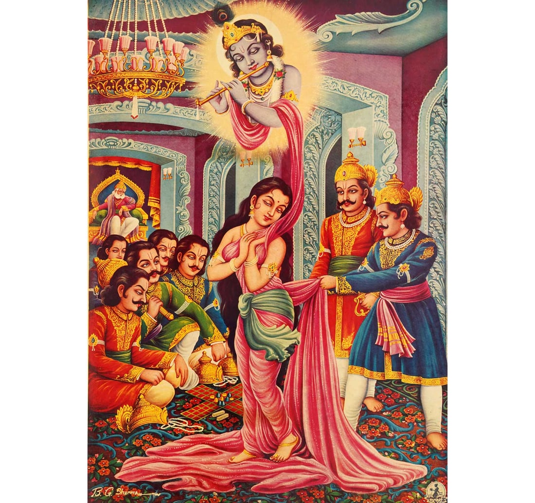 OLEOGRAPH ON PAPER BY SHARMA, B. G.GOPI: DRAUPADI VASTRA HARAN: Size: 33.5 x 47.3 cm (13 x 18.5 Inches) Mount/Sheet Size: 35.8 x 50 cm (14 x 19.6 Inches) Published by Sharma Picture Publication, Bombay. Dramatic Mahabharata scene depicting Draupadi's disrobing,