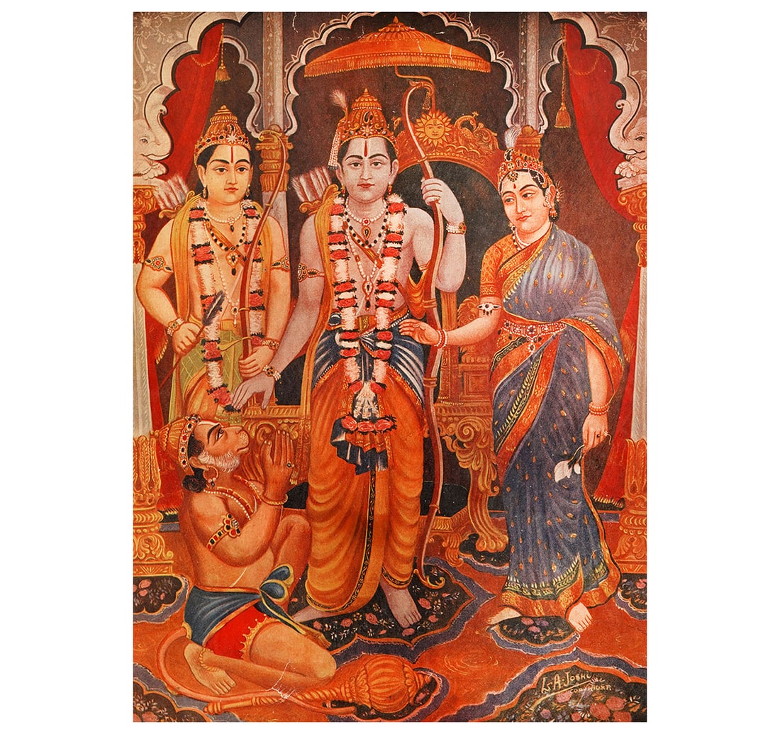 OLEOGRAPH ON PAPER BY JOSHI, L. A.: RAM RAJYA: Size: 33.8 x 42.2 cm (13.5 x 16.5 Inches) Mount/Sheet Size: 45 x 50.6 cm (17.7 x 19.9 Inches) Published by: Shree Anantsivaji Desai, Bombay 2, Printed by: Joshi Art Works. This work will be shipped un