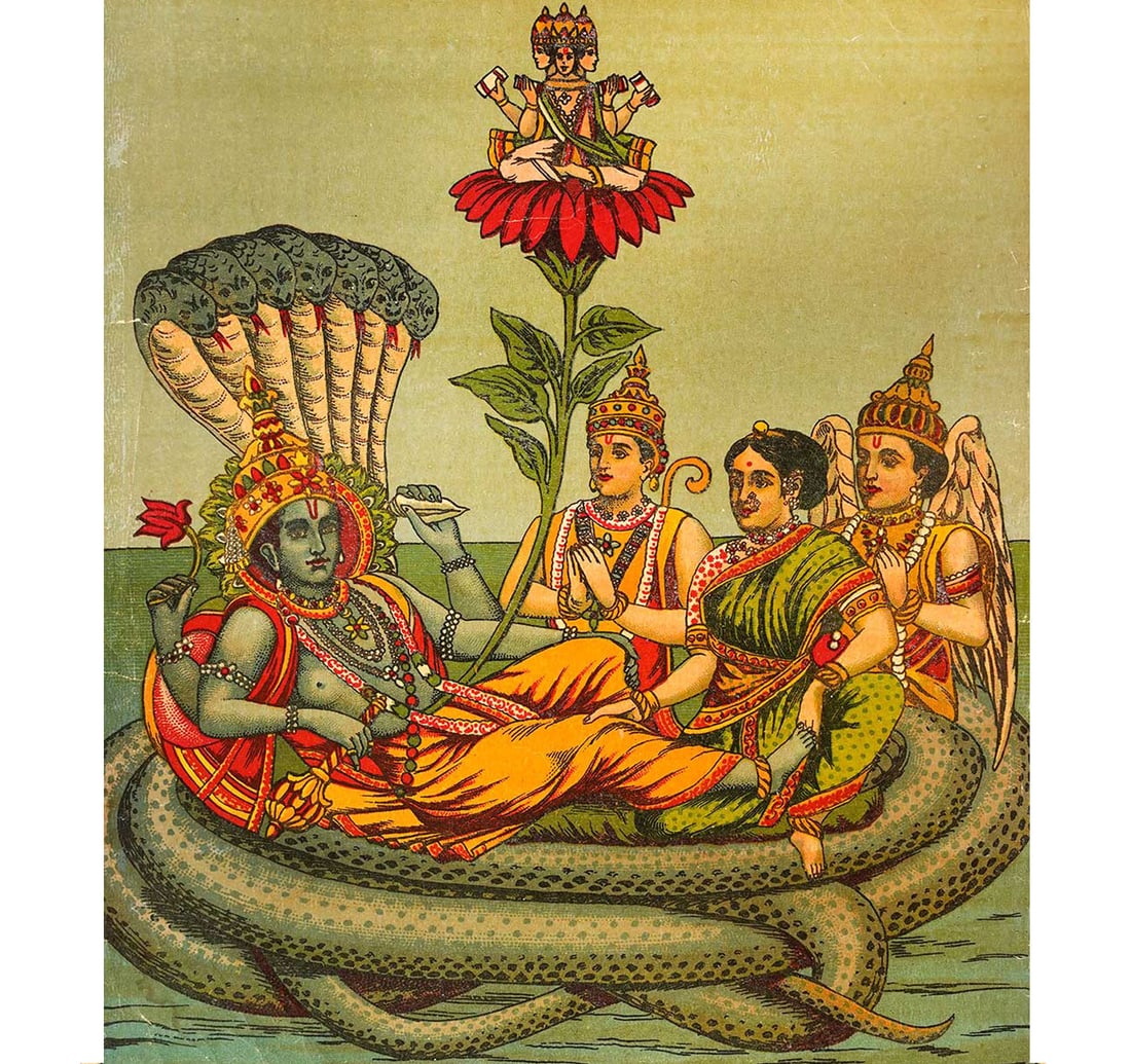 OLEOGRAPH ON PAPER: SHESH SHAI: Size: 25.2 x 36 cm (10 x 14 Inches) Published by: Ravi Verma Press, Malavli The scene depicts Lord Vishnu reclining on the serpent Ananta Shesha in the cosmic ocean, accompanied by Lakshmi at his