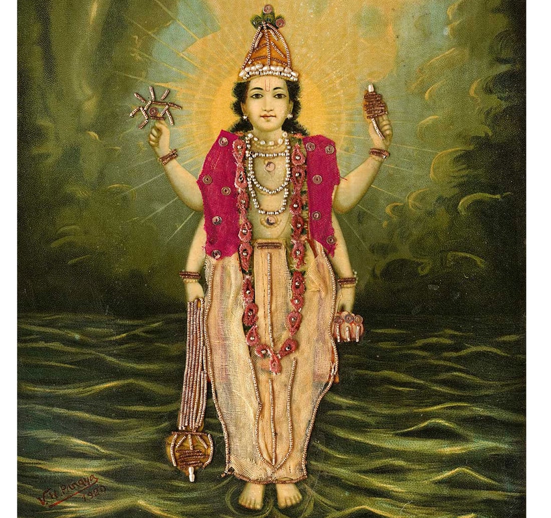 OLEOGRAPH ON PAPER BY PANDYA, VASUDEO HIRALAL: SHREE VISHNU: Size: 25.3 x 32.8 cm (10 x 13 Inches) Published by: Shree Vasudeo Picture Co., Jariwalla's Chawl, Arthur Road, Tardeo, BOMBAY. Printed in Germany The image displays a rare, vintage embellished oleogra