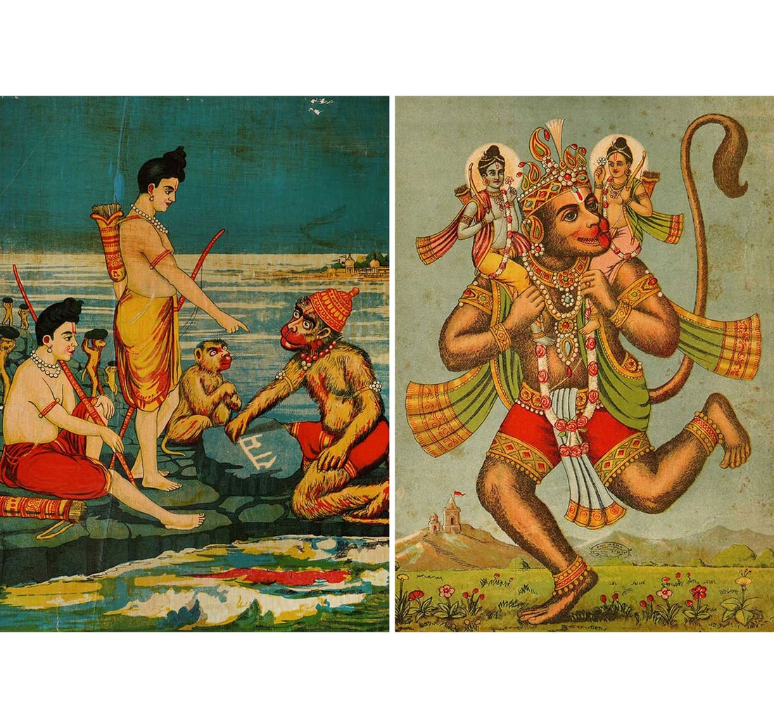 RAVI VARMA OLEOGRAPH ON PAPER SET OF TWO PRINTS (I) RAM-SETU (II) HANUMAN: SET OF TWO PRINTS (I) BRIDGE-BUILDING OR RAM-SETU NARRATIVE TRADITIONS (II) HANUMAN CARRYING RAMA & LAKSHMANA Size: (I) (II) 24.5 x 34.8 cm (9.5 x 14 Inches), (II) 24.4 x 35.3 cm (9.5 x 14 Inches)