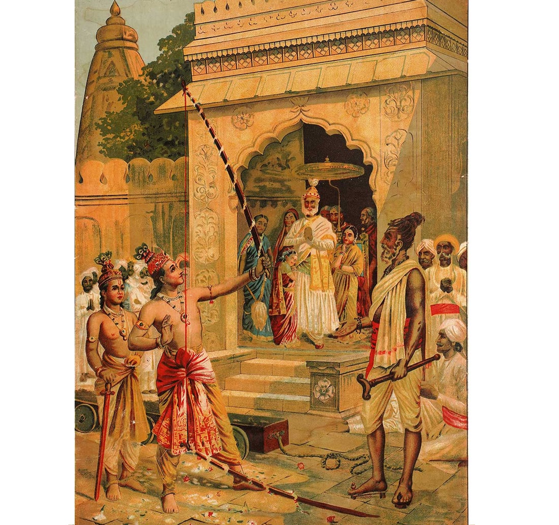 RAVI VARMA OLEOGRAPH ON PAPER SITA SWAYAMBAR: Size: 25 x 36.5 cm (10 x 14 Inches) Published by: Ravi Verma Press, Karla-Lonavla Registered No. 655. The print captures a crucial moment from the epic Ramayana where Lord Rama breaks the sacred bow